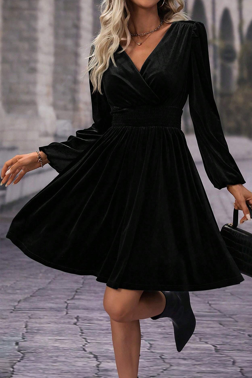 Luxurious Black Velvet Long Sleeve Surplice High Waist Mini Dress