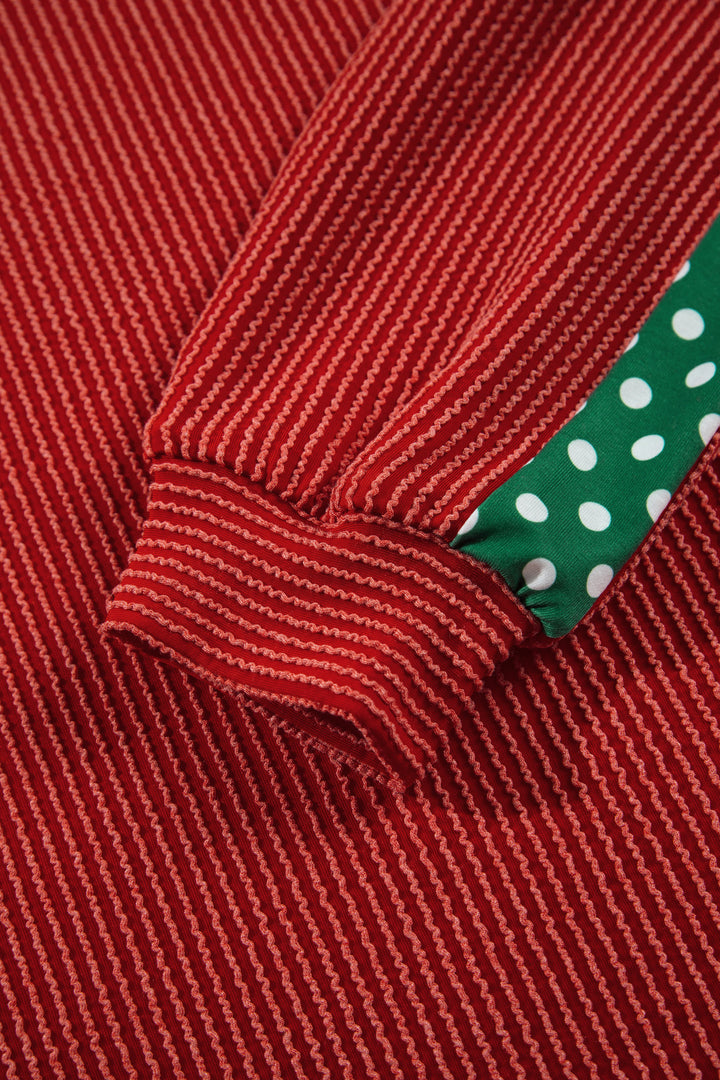 Red Cozy Ribbed Patchwork Polka Dot Trim Long Sleeve 2pcs Pant Set