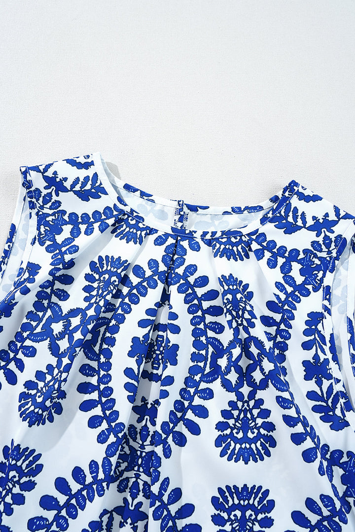 Vintage Print Pintuck Crew Neck Tank Top