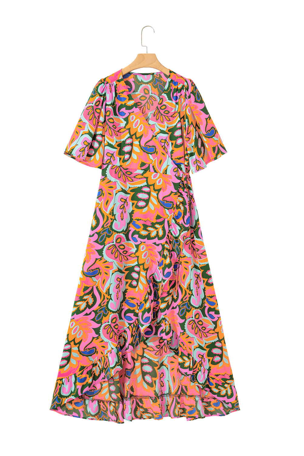 Summer Plant Print Surpliced V Neck Ruffled Asymmetric Slit Wide Maxi Dress