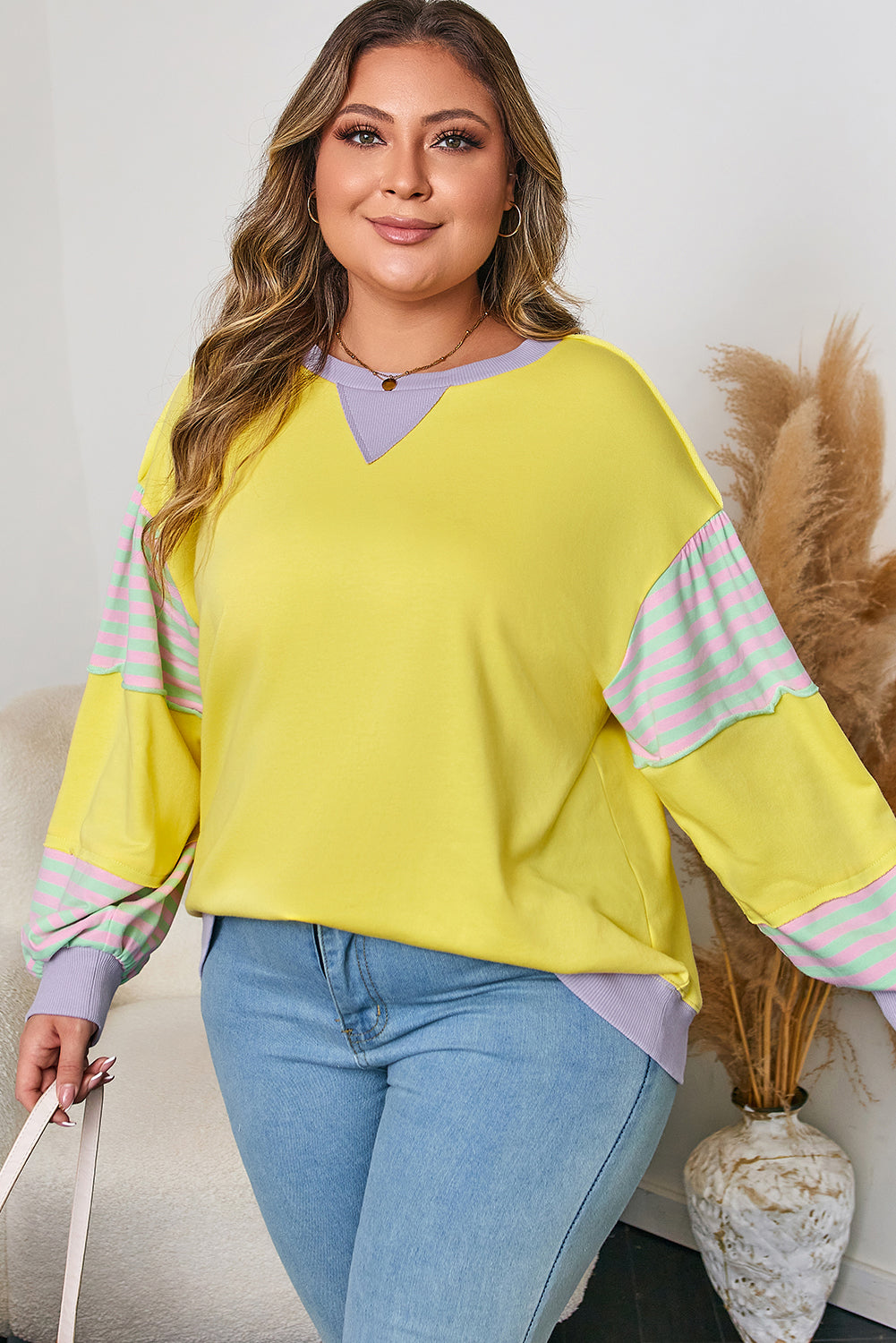 Yellow Striped Color Block Patchwork Crewneck Plus Size Pullover Sweatshirt