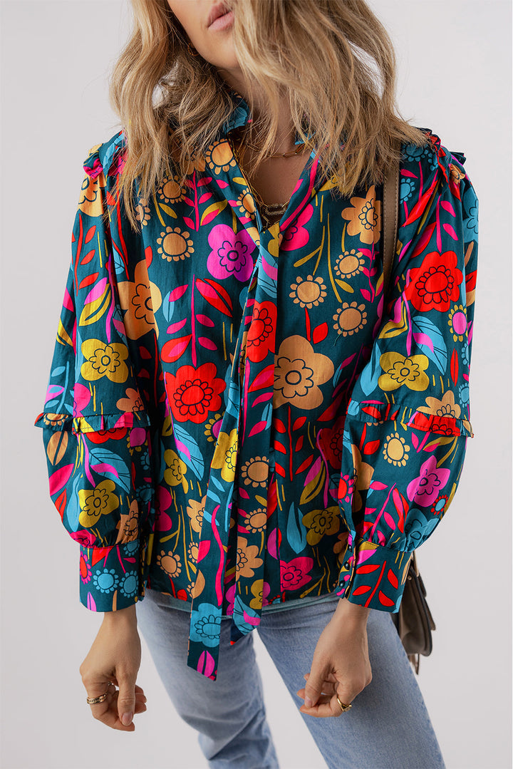 Floral Knot Split Neck Puff Sleeve Blouse