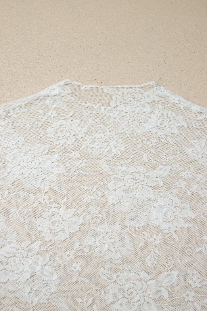 White Plus Size Floral Mesh Long Sleeve Top