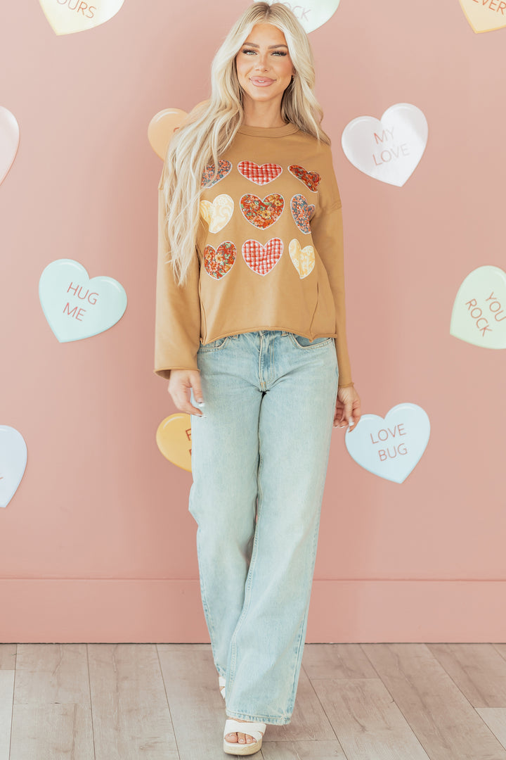 Plaid Floral Heart Stitched Exposed Seam Mineral Wash Sweatshirt