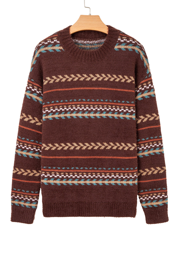 Ethnic Pattern Mohair Knitted Drop Shoulder Sweater