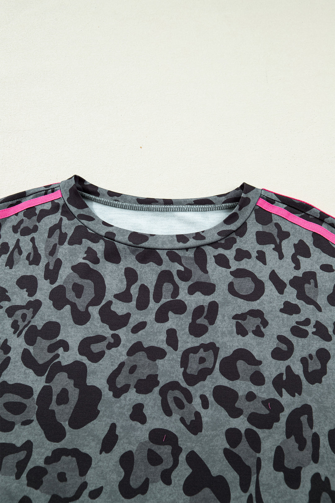 Gray Leopard Print Varsity Striped Trim Long Sleeve Top
