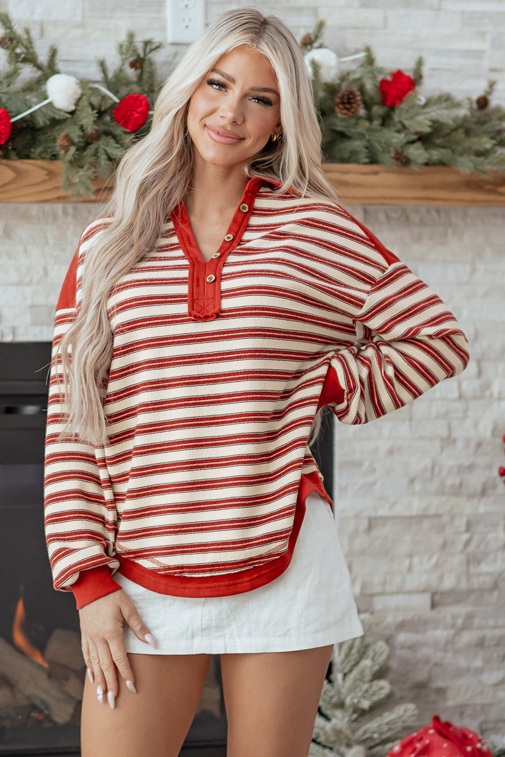 Buttoned V Neck Collared Drop Shoulder Top