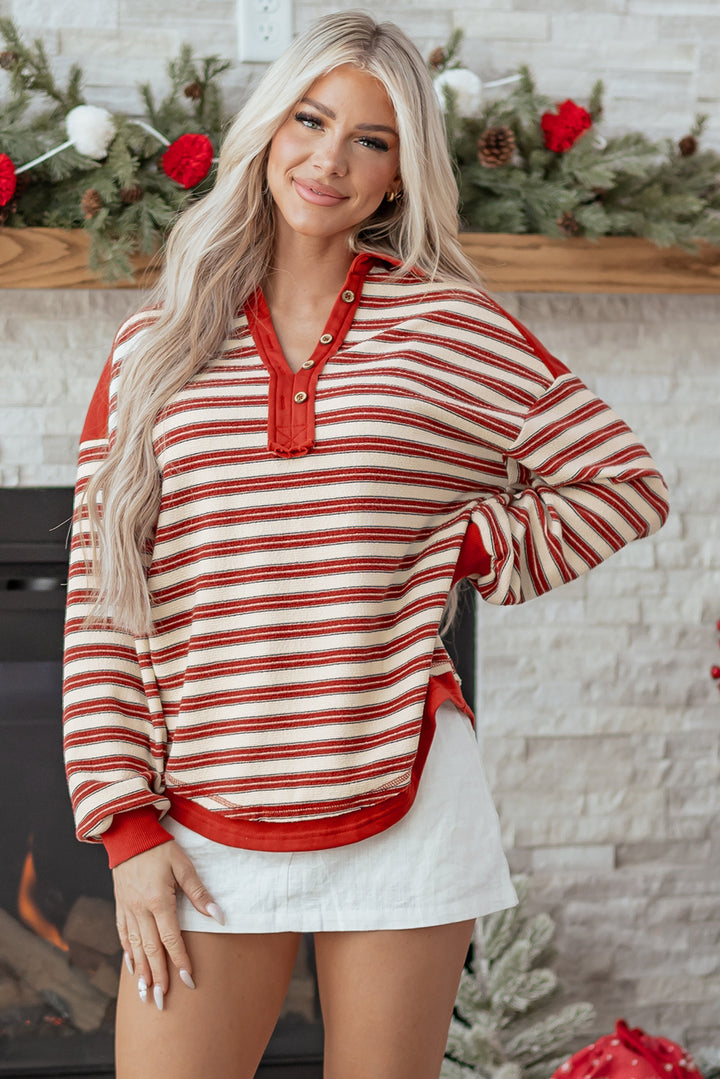 Buttoned V Neck Collared Drop Shoulder Top