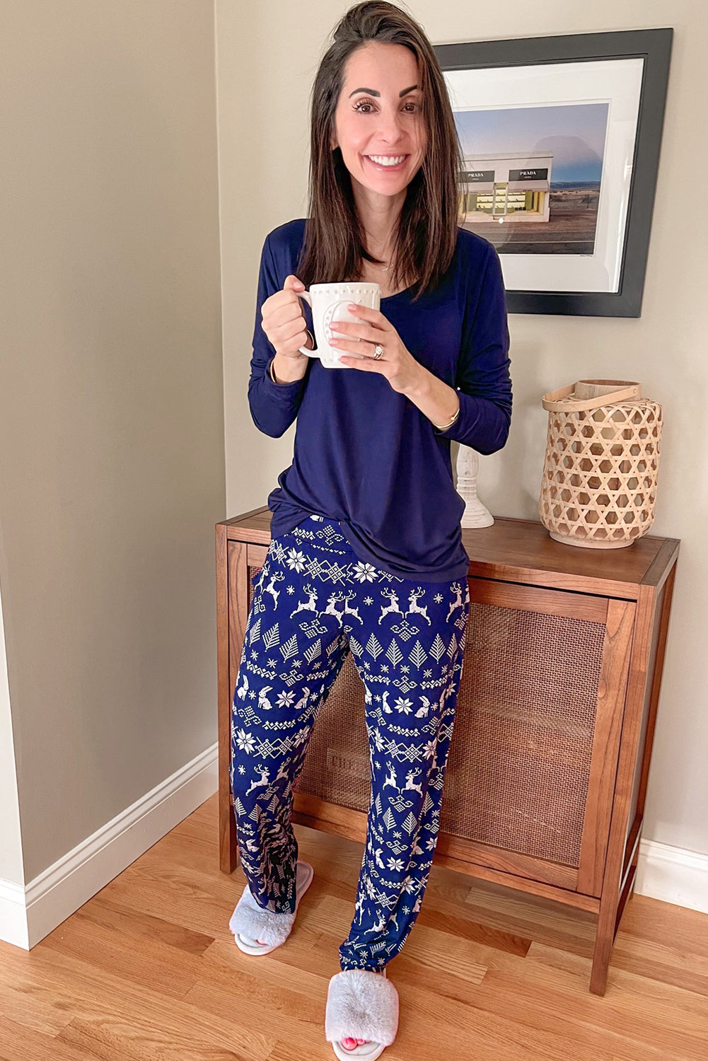 solid top and christmas pants two piece lounge set