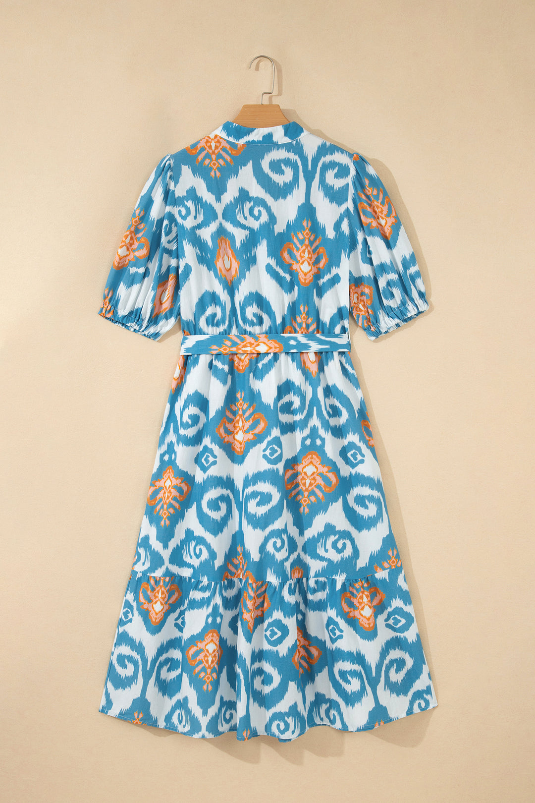 Sky Blue Boho Floral Print Short Puff Sleeve Button Down Ruffle Hem Midi Dress