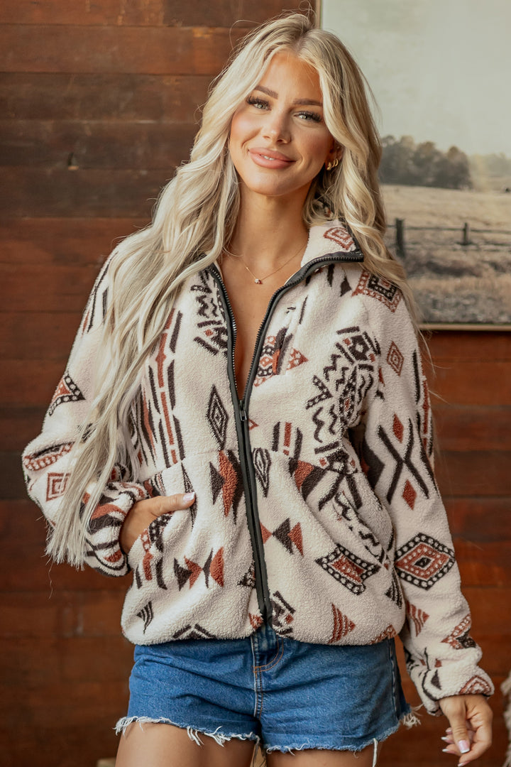 Beige Geometric Print Zip-up Placket Binding Tape Jacket