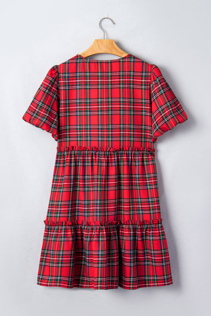 Red Plaid Knot Neck Short Sleeve Mini Shift Dress