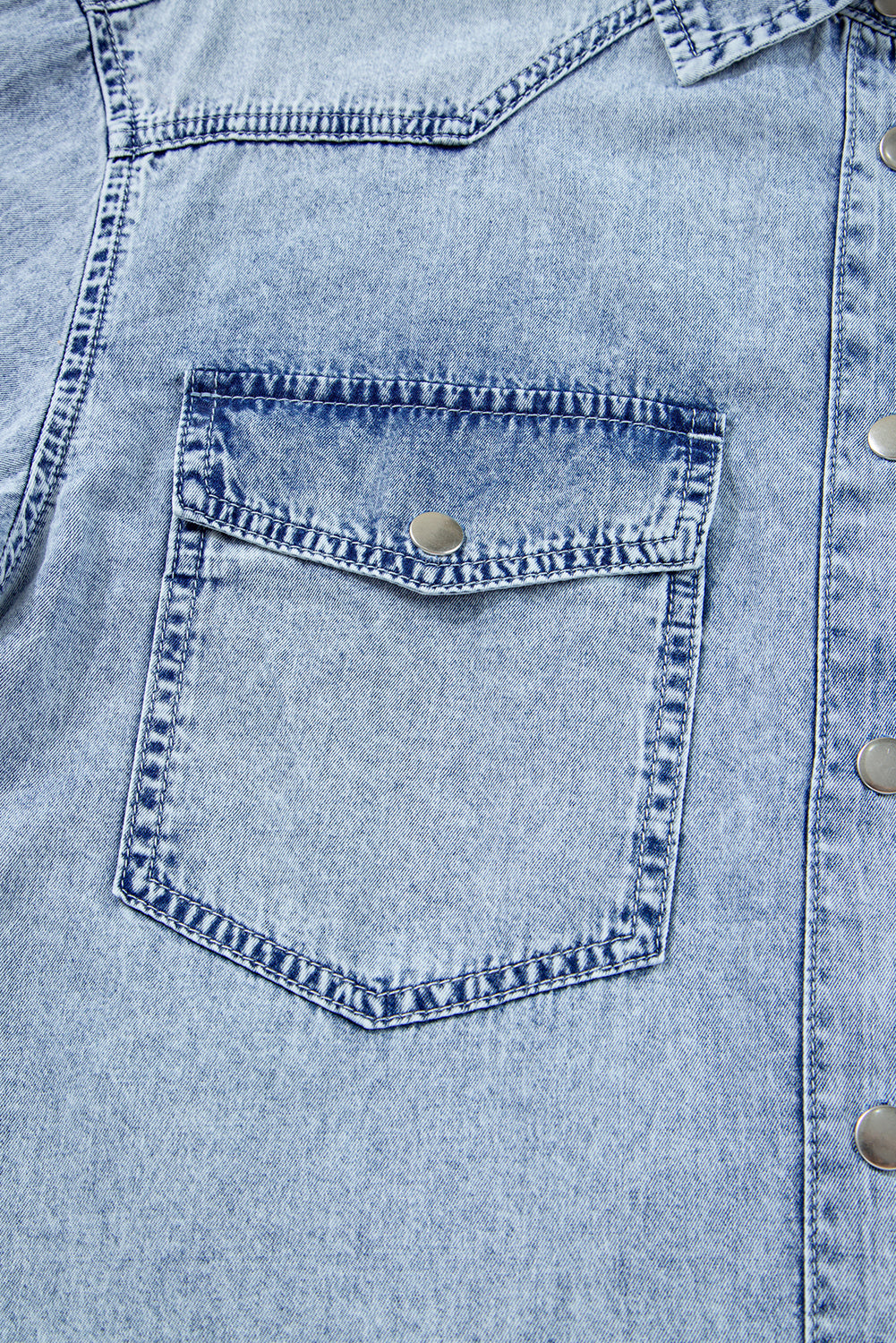 Chest Pocket Raw Hem Denim Loose Shirt Dress