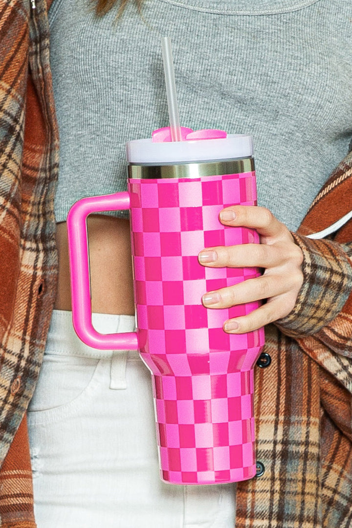 Checkered Print Handled Stainless Steel Tumbler Cup 40oz