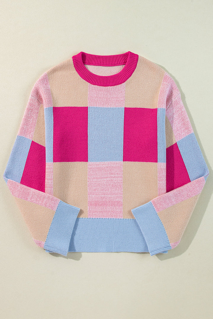 Color Block Drop Shoulder Crewneck Loose Fit Sweater