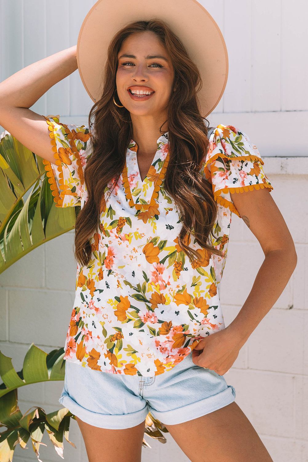 Ruffled V Neck Scalloped Short Sleeve Floral Blouse