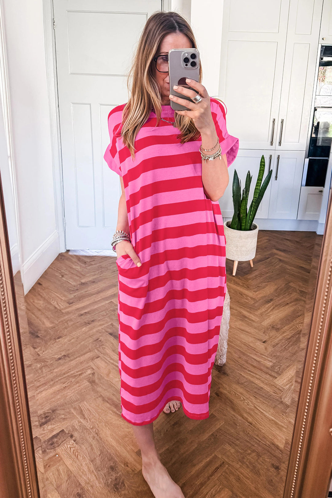 Rose Stripe Cuffed Short Sleeve Casual T Shirt Long Dress