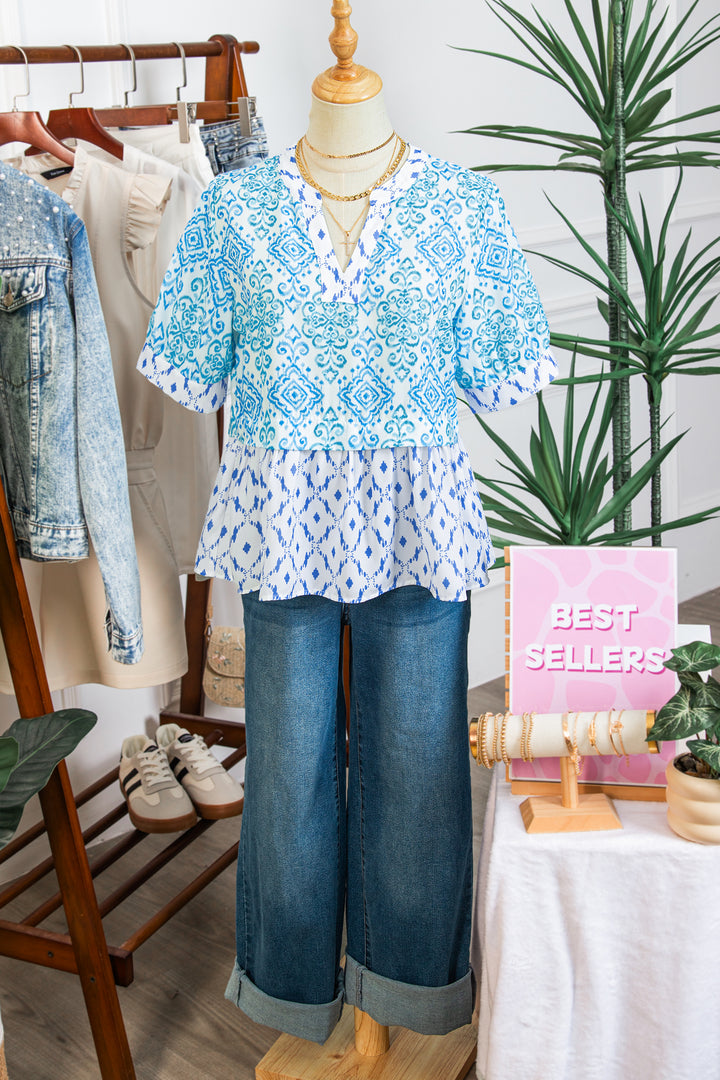 Sky Blue Boho Floral Geometric Patchwork Short Puff Sleeve Babydoll Blouse