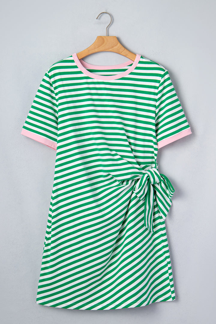 Green Stripe Nautical Tie Contrast Trim Round Neck T Shirt Mini Dress