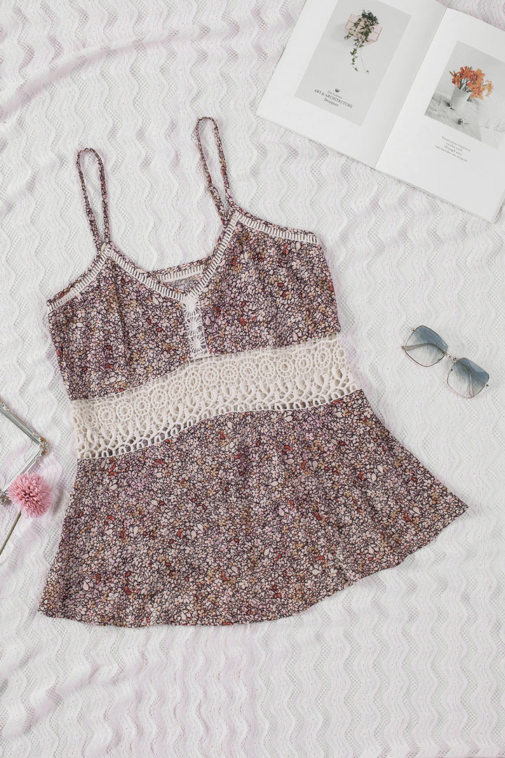 Floral Print Lace Crochet Spaghetti Strap Tank Top