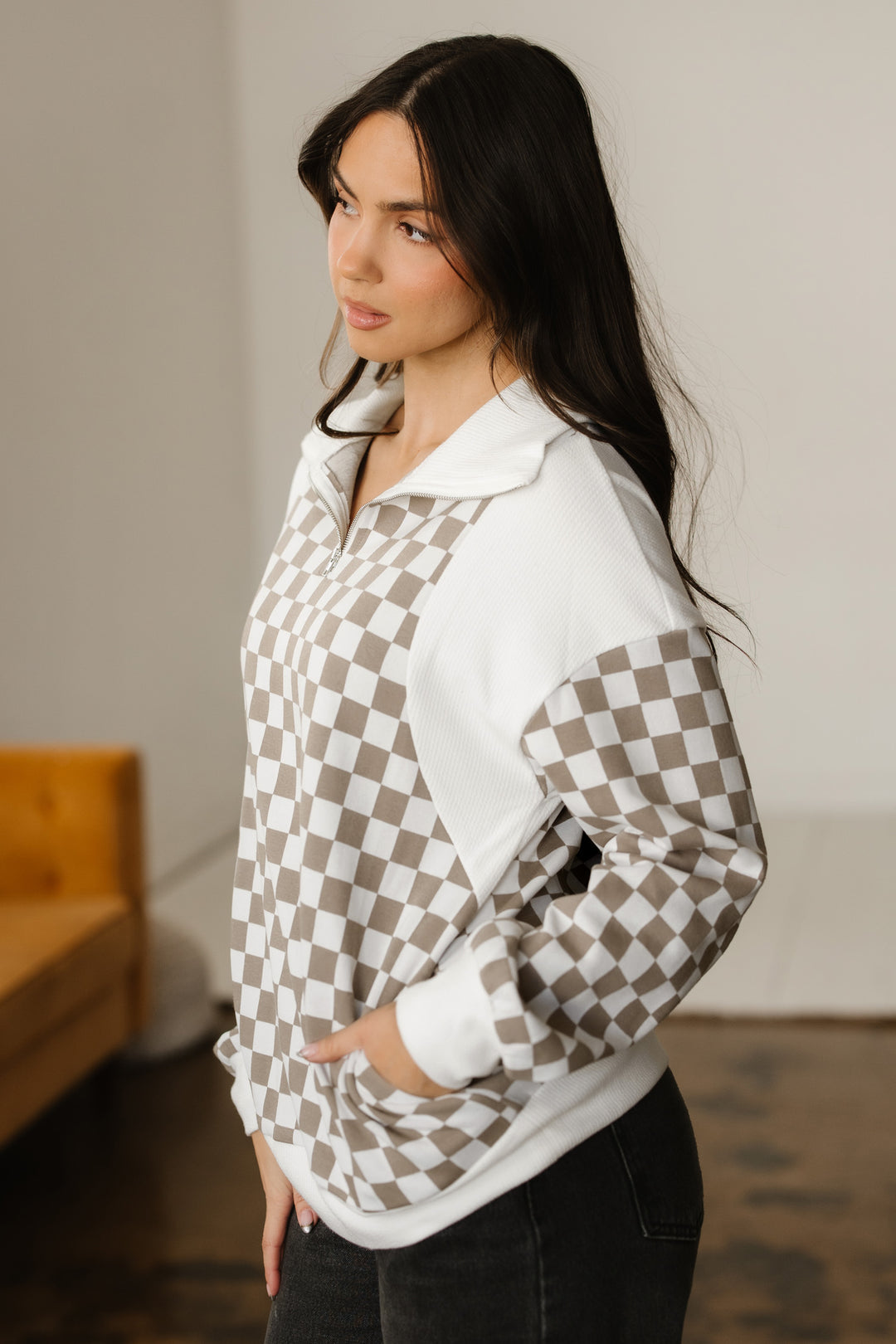 Checkered Print Quarter Zip Ribbed Patchwork Loose Sweatshirt