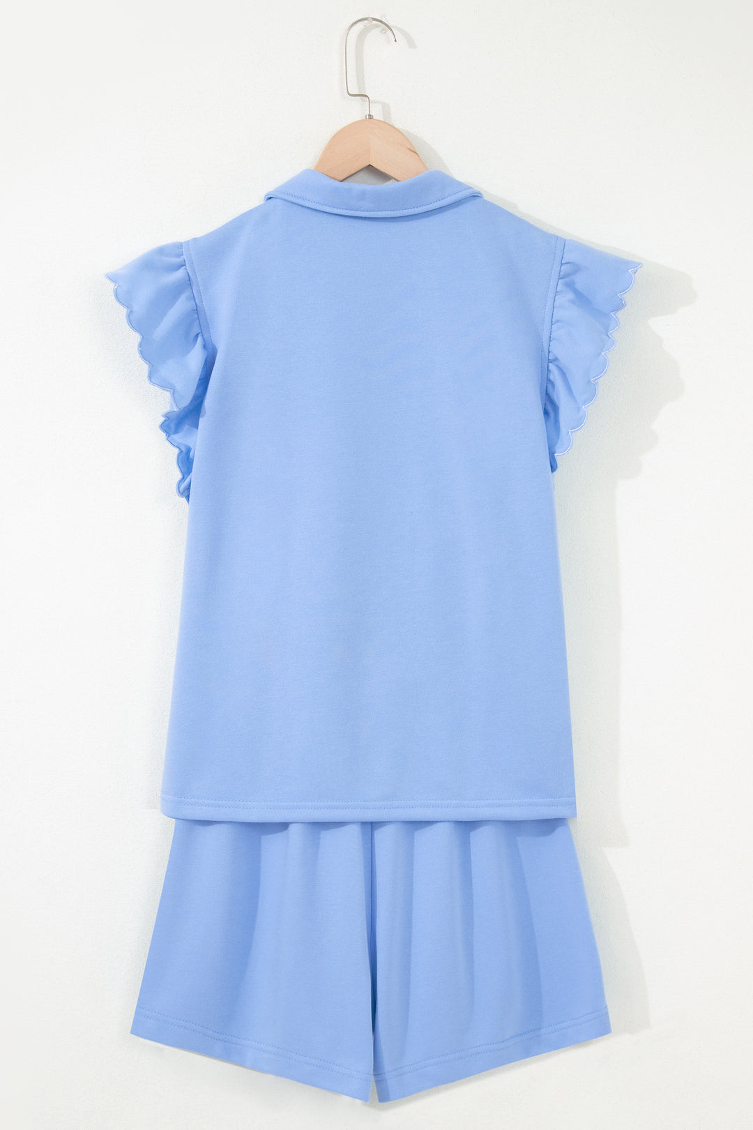 Sky Blue Half Zipped Ruffled Short Set