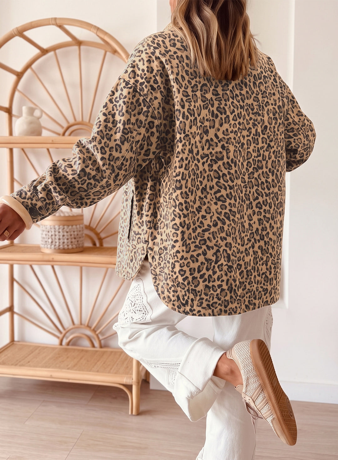 Khaki Leopard Print Collar Patch Pocket Shift Denim Jacket
