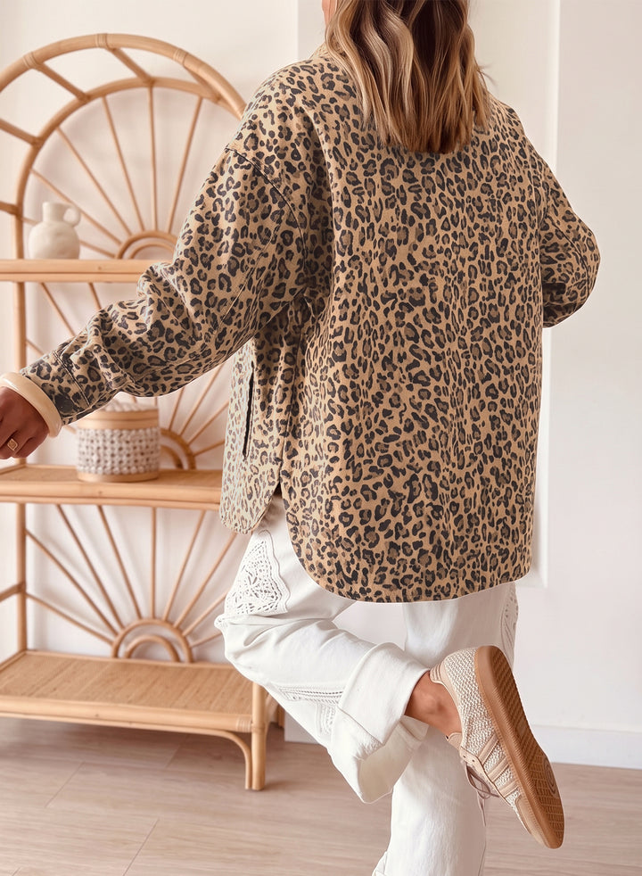 Khaki Leopard Print Collar Patch Pocket Shift Denim Jacket
