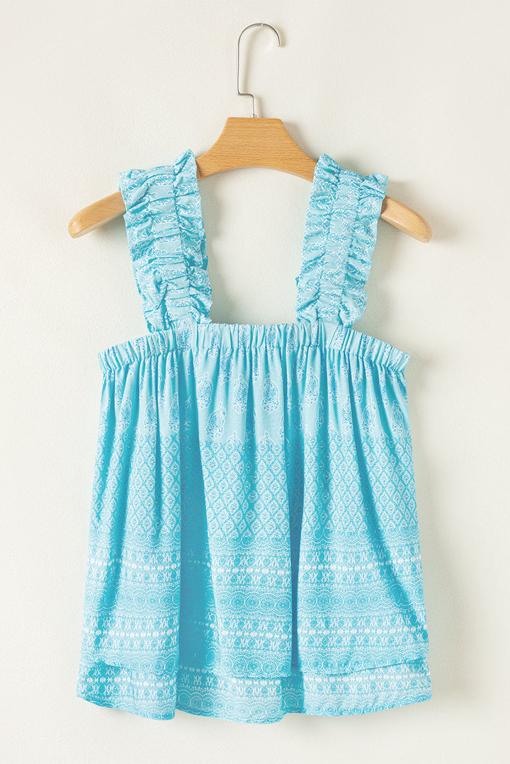 tribal pattern print ruffled wide straps loose tank top