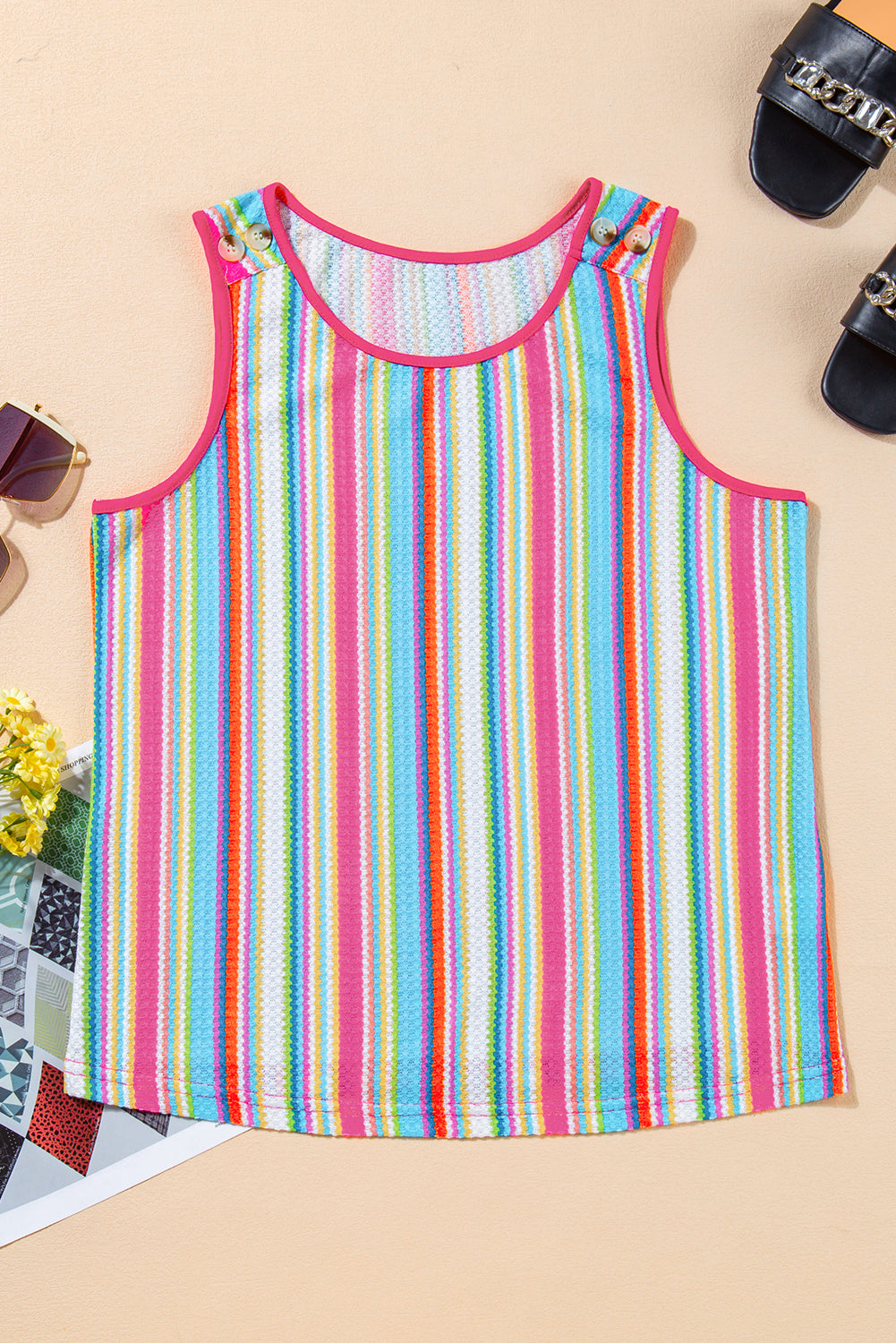 Rainbow Eyelet Knit Button Decor Tank Top