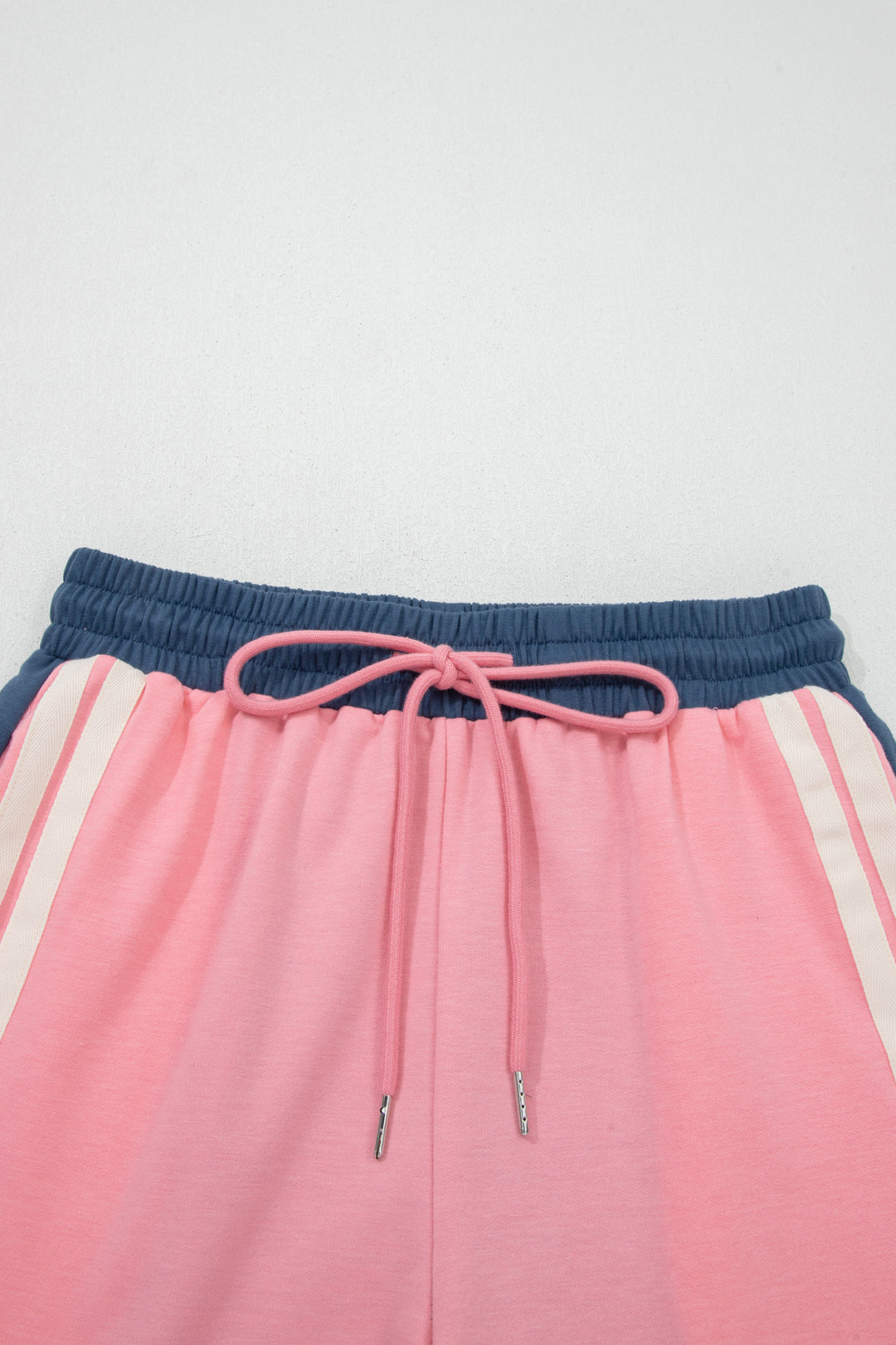 Pink Color Block Patchwork Varsity Striped Detail Drawstring Elastic Waist Shorts