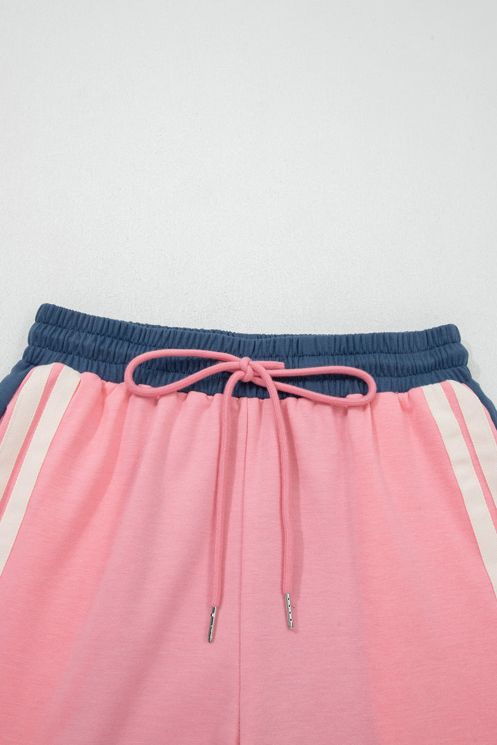 Pink Color Block Patchwork Varsity Striped Detail Drawstring Elastic Waist Shorts