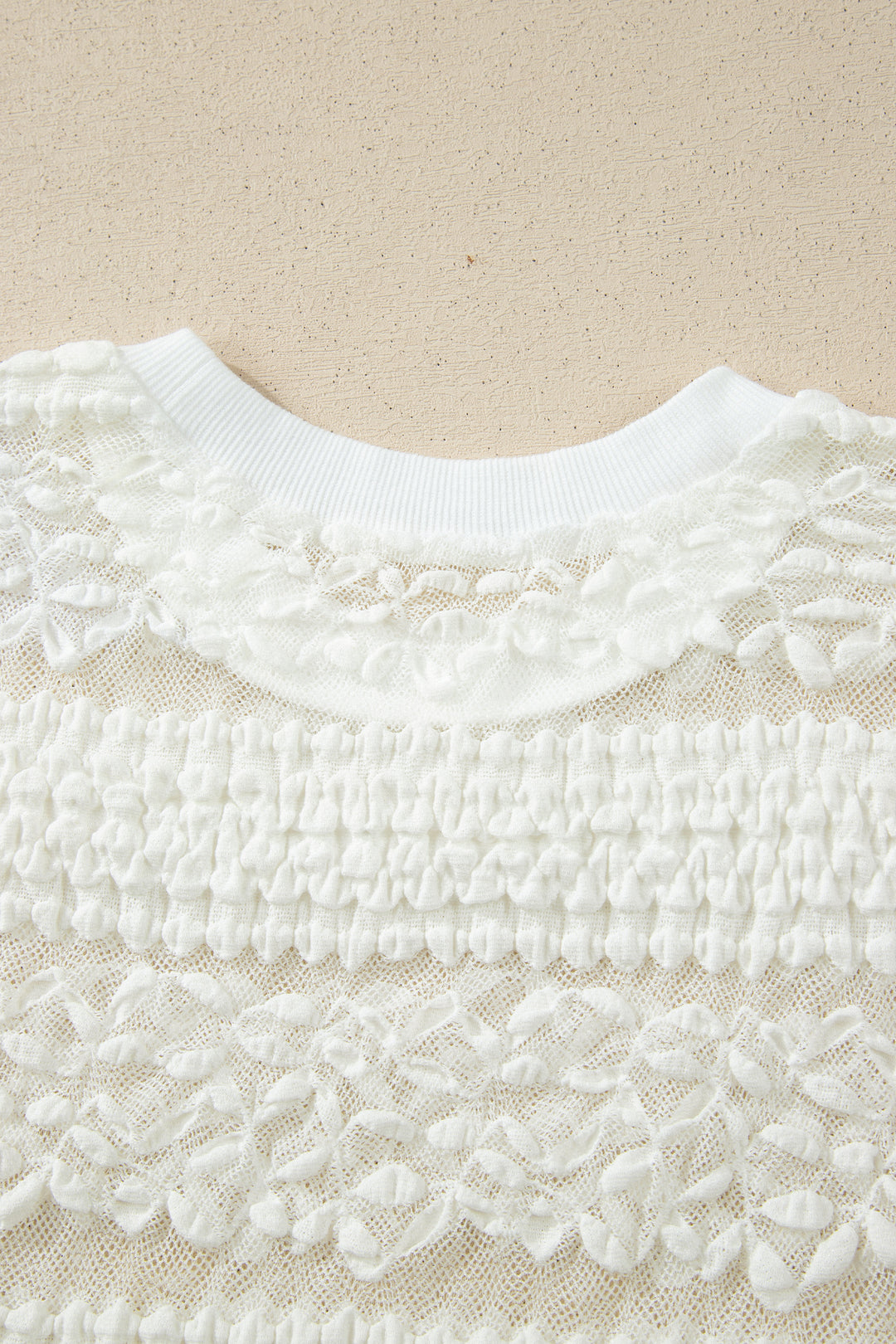 White Sheer Lace Textured Patchwork Short Sleeve Top