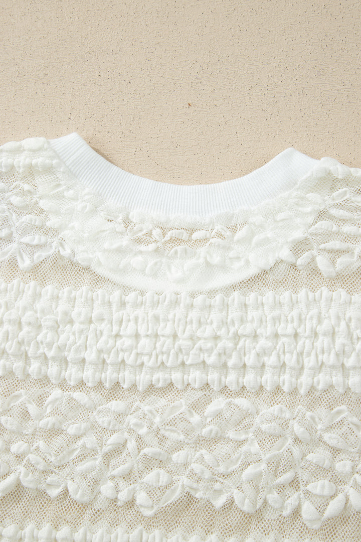White Sheer Lace Textured Patchwork Short Sleeve Top