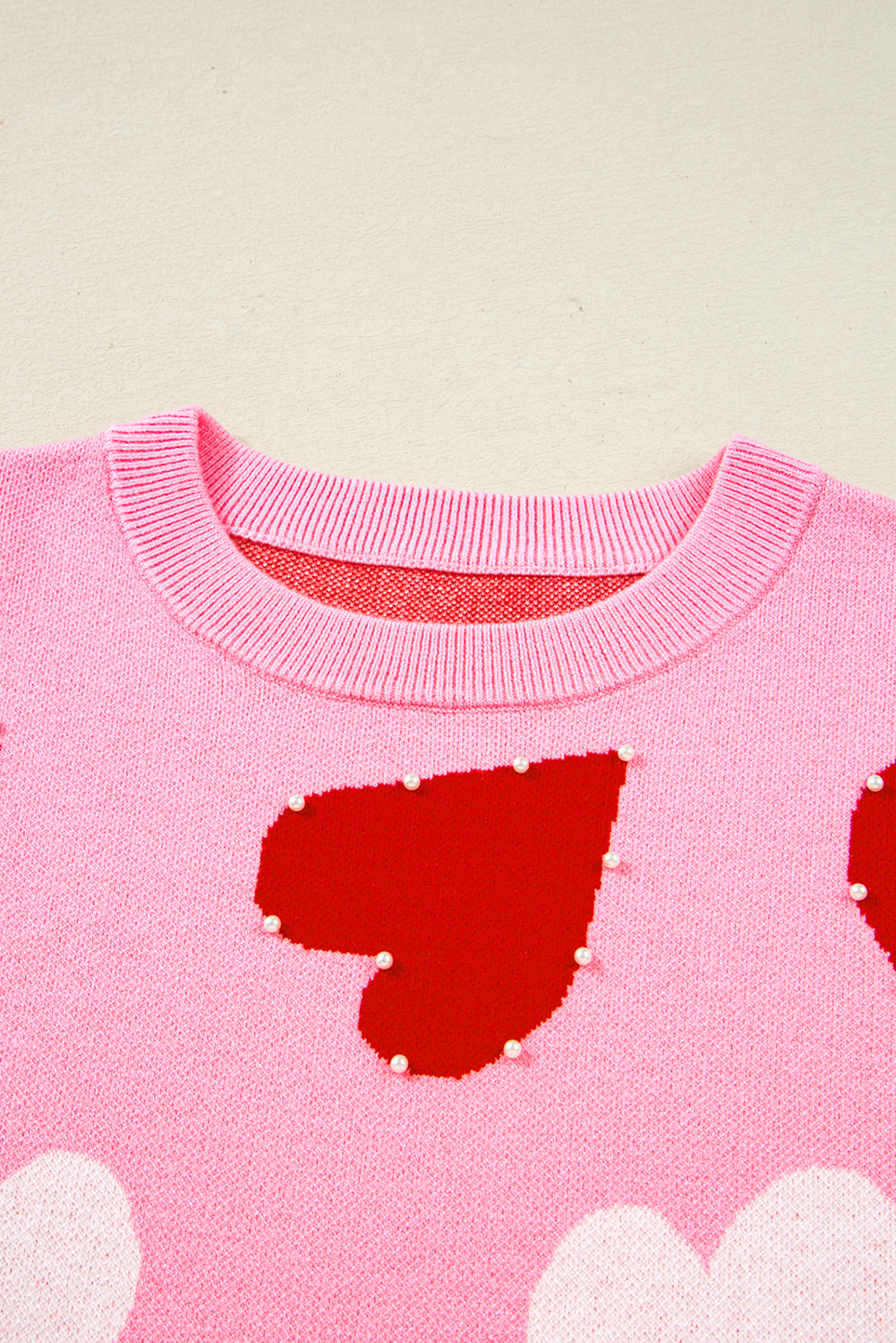 Pearl Embellished Heart Pattern Valentines Day Sweater