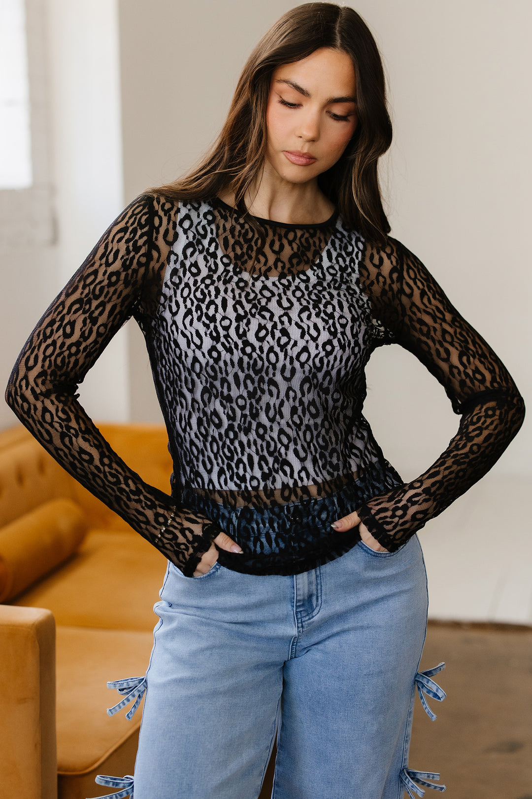 Leopard Pattern Sheer Mesh Long Sleeve Top