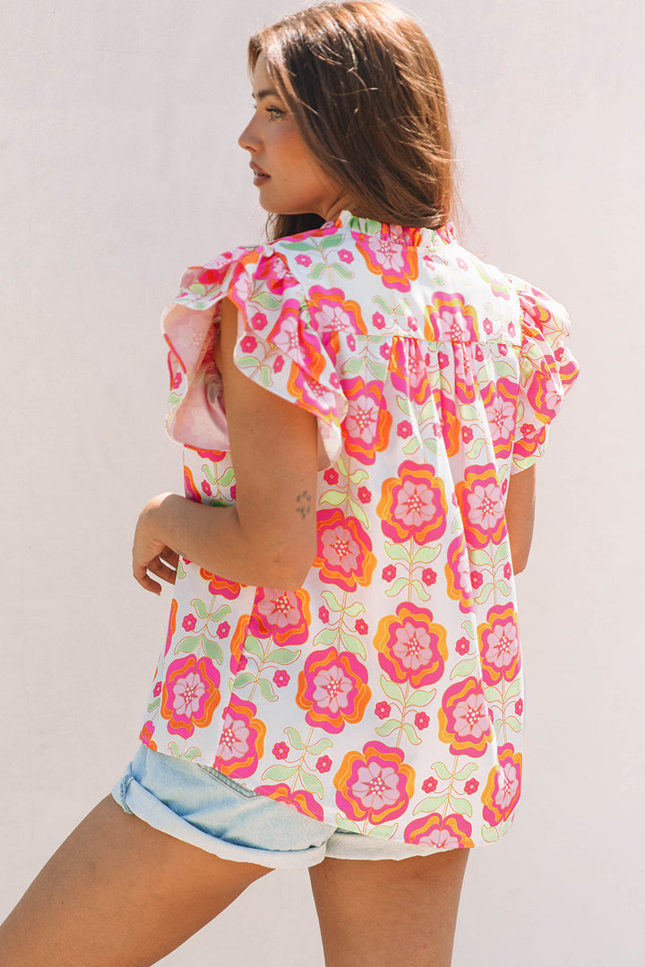 floral ruffled sleeve ric rac trim split neck loose blouse
