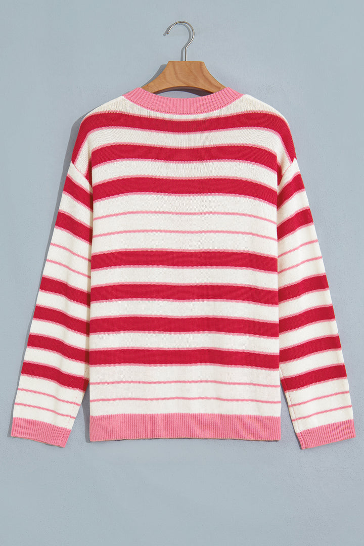 Red Stripe V Neck Long Sleeve Regular Fit Cardigan