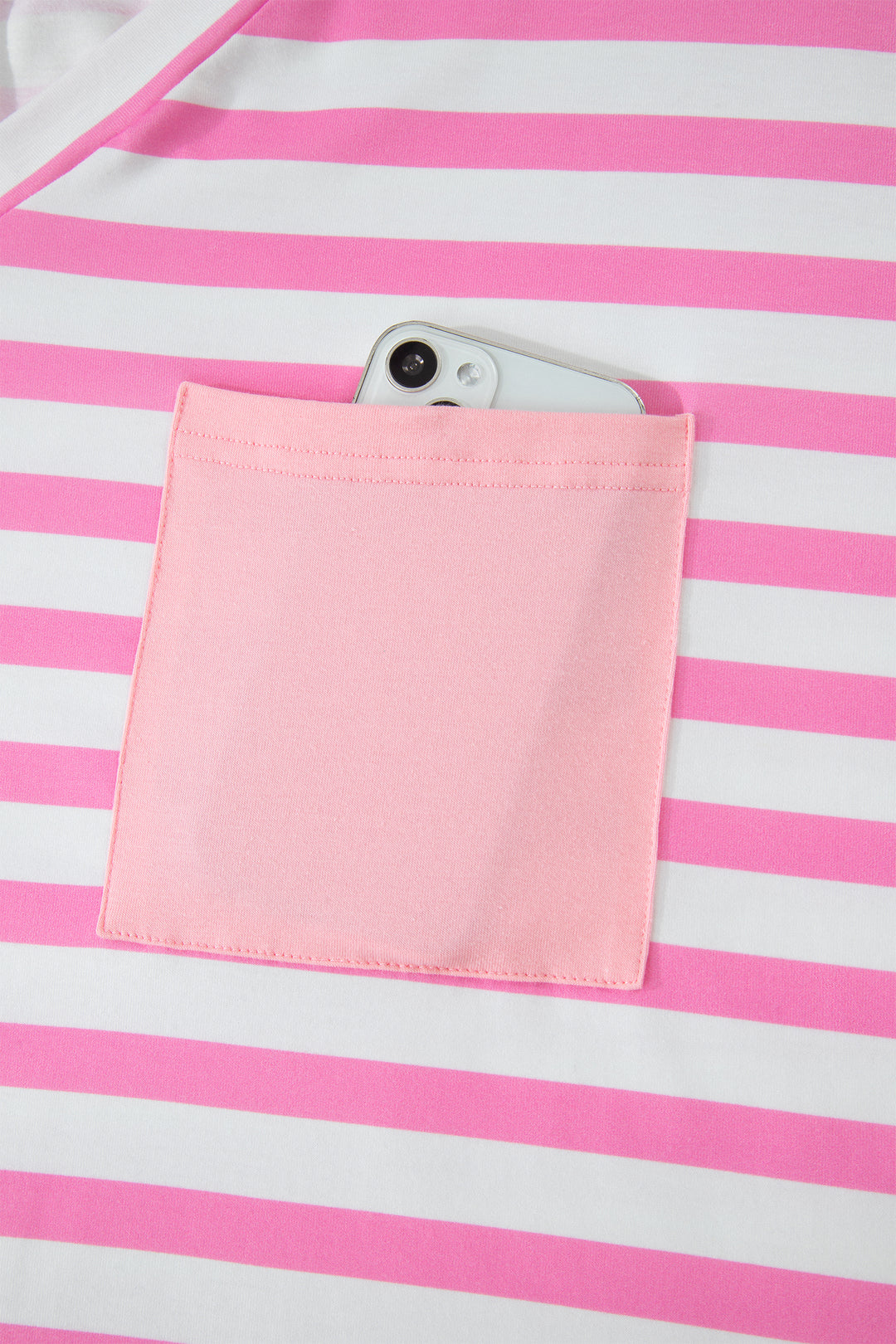 Pink Stripe Patched Pocket V Neck Plus Size Tee