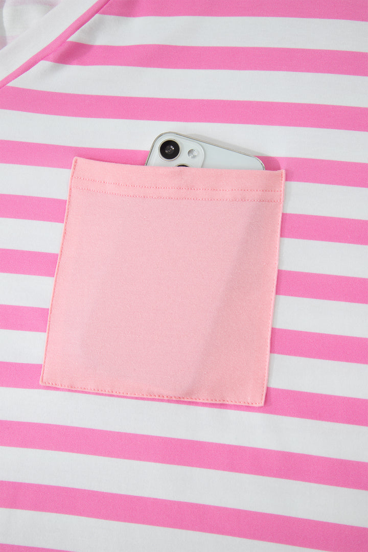 Pink Stripe Patched Pocket V Neck Plus Size Tee