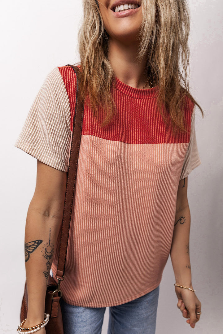 Red Rib Textured Colorblock T Shirt