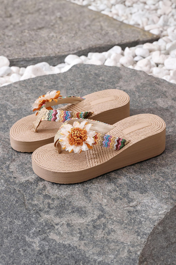 Vacation Floral Decor Straw Woven Textured Wedge Platform Slippers