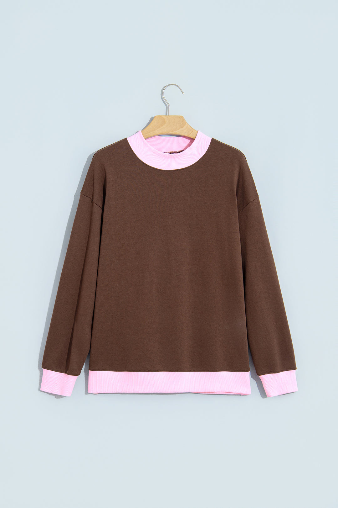 Coffee Colorblock Trim Crewneck Long Sleeve Pullover Sweatshirt
