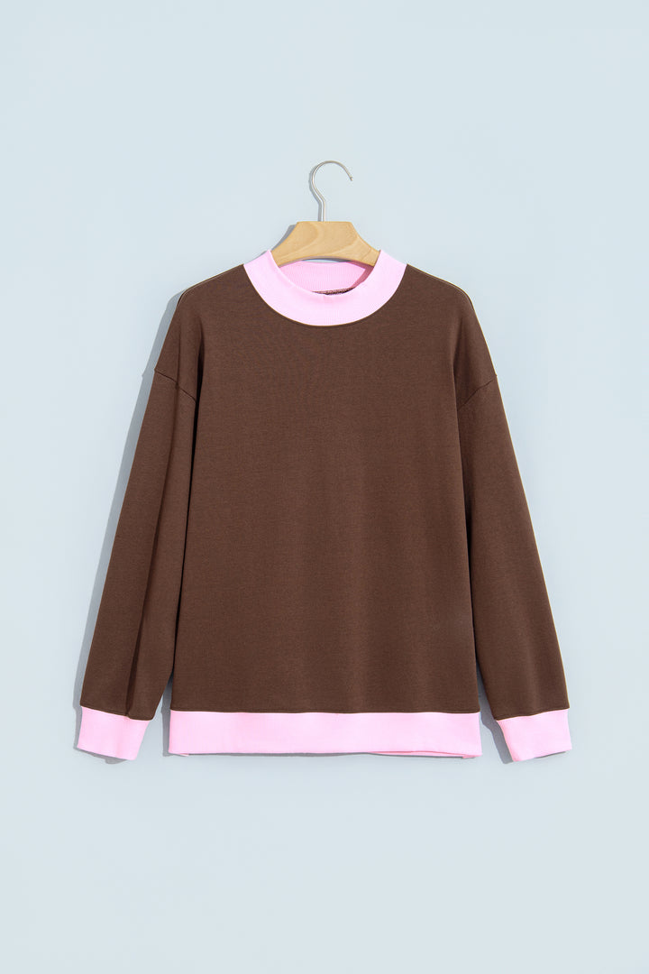Coffee Colorblock Trim Crewneck Long Sleeve Pullover Sweatshirt