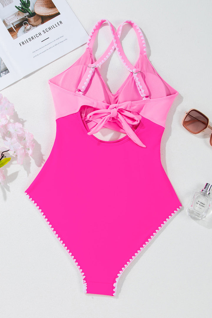 ric rac trim contrasted patchwork cutout one piece swimsuit