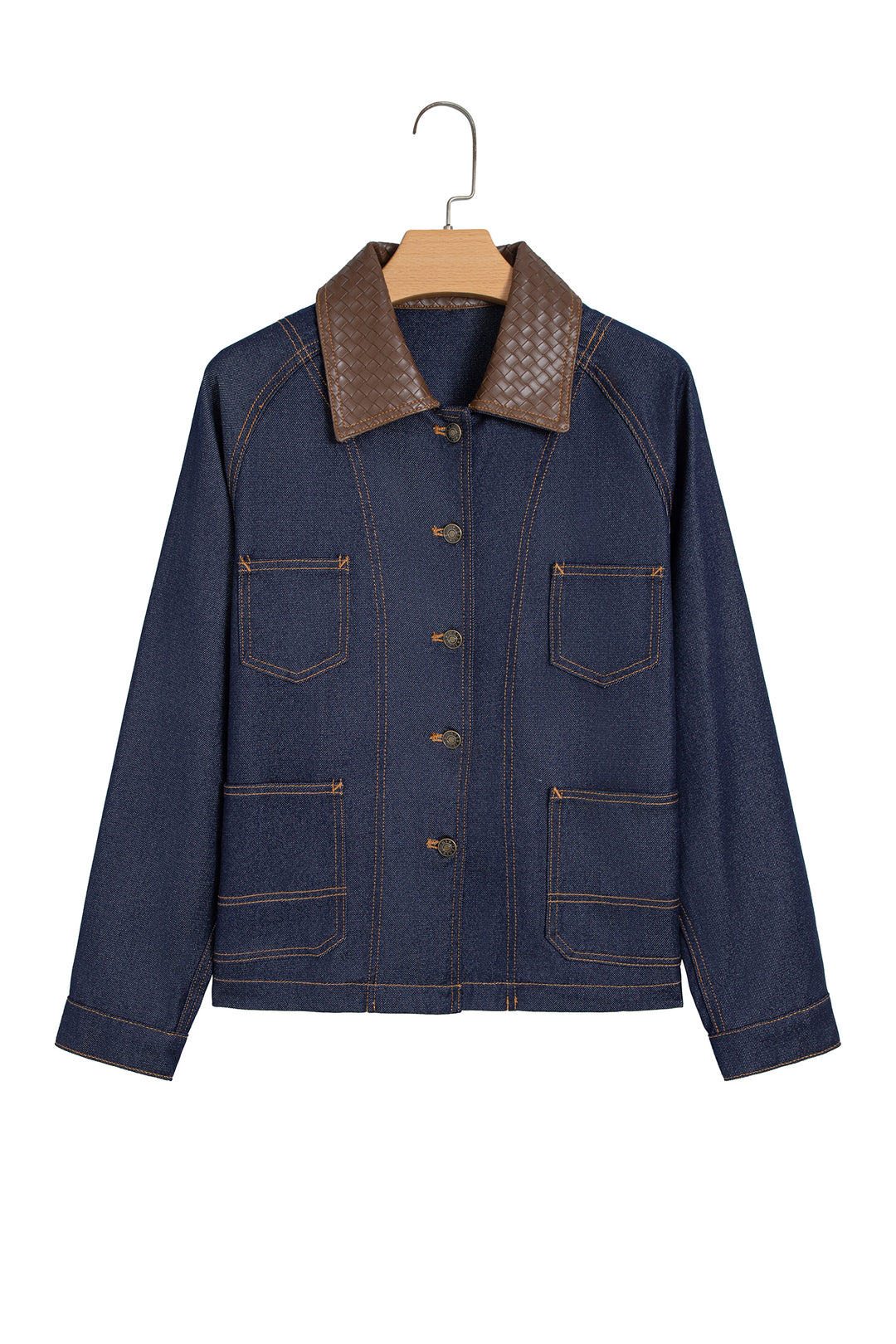 Navy Blue Contrast Collar Stitched Detail Button Denim Jacket