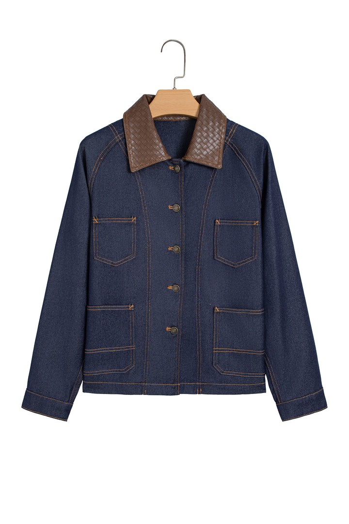 Navy Blue Contrast Collar Stitched Detail Button Denim Jacket