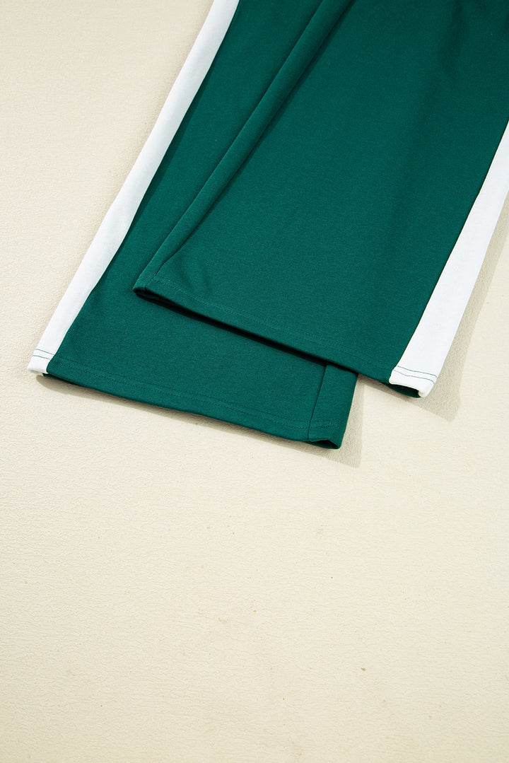 Sea Green Solid Color Pullover Top Varsity Stripe Detail Loose Drawstring Pants Set