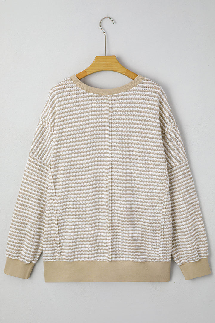 Brown Stripe Breathable Knit Ribbed Trim Plus Size Long Sleeve Top