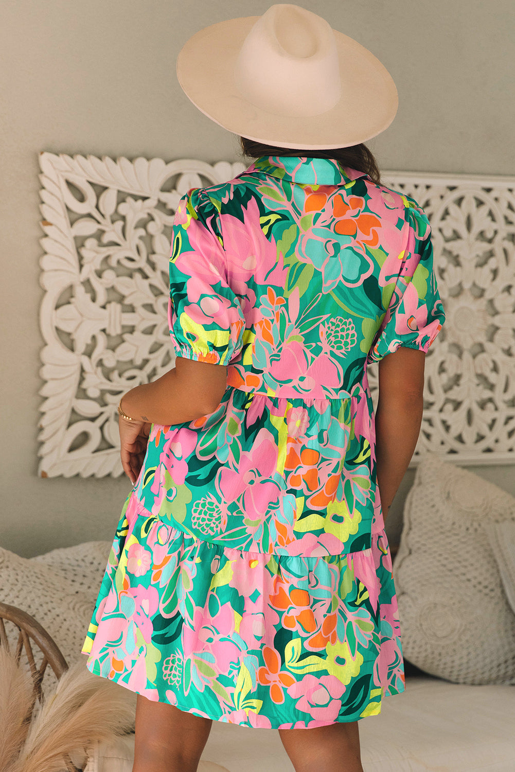 Floral Puff Sleeve Collar Buttoned Babydoll Dress